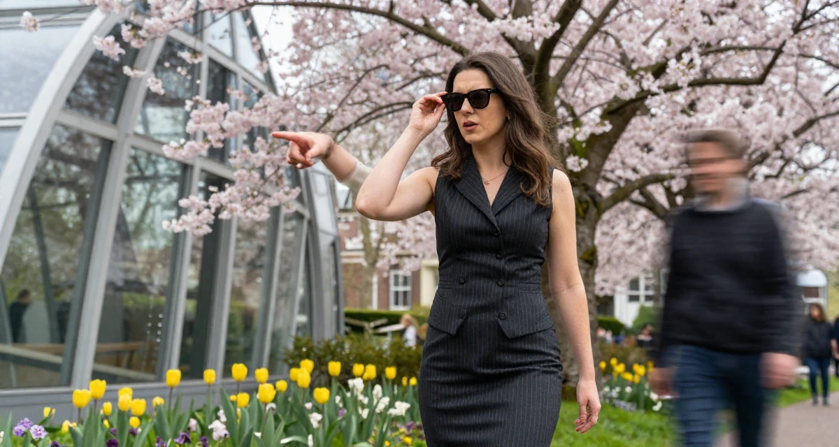 A observant Female From the Netherlands, studied user experience design in their 27, dealing with pressure to constantly upgrade quality, wearing a pinstripe pencil skirt and a matching vest top, putting on sunglasses in a blooming flower garden.