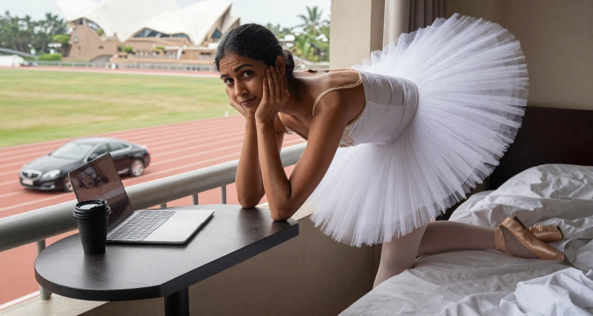 A teasing Female From Sri Lanka, studied digital commerce in their 35, planning for a legacy or long-term impact, wearing a ballet tutu and satin pointe shoes, resting hands on a table in a running track.