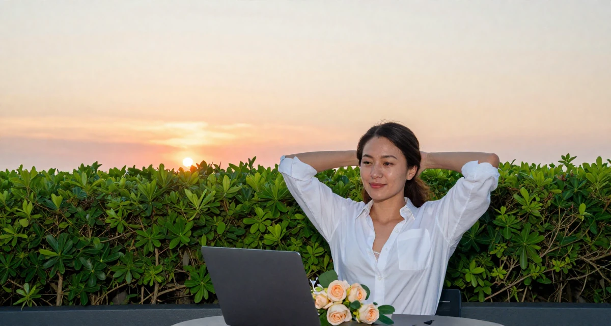 A gentle Female From Hong Kong, holds a business administration degree in their 33, teaching coding and tech skills online, wearing a white button-down shirt worn open over a lace bra, holding a bouquet in a cruise ship deck.
