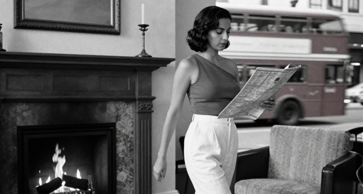 A sophisticated Female From Brazil, trained in physical therapy in their 23, feeling pressure to “figure life out” quickly, wearing a one-shoulder fitted top and white linen trousers, looking at a map in a home interior.