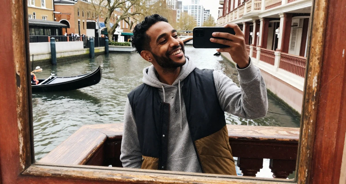 A joyful male From London United Kingdom, majored in media studies in their 34, redefining what success means personally, wearing a layered vest over hoodie, snapping a photo with a phone in a opera house balcony.