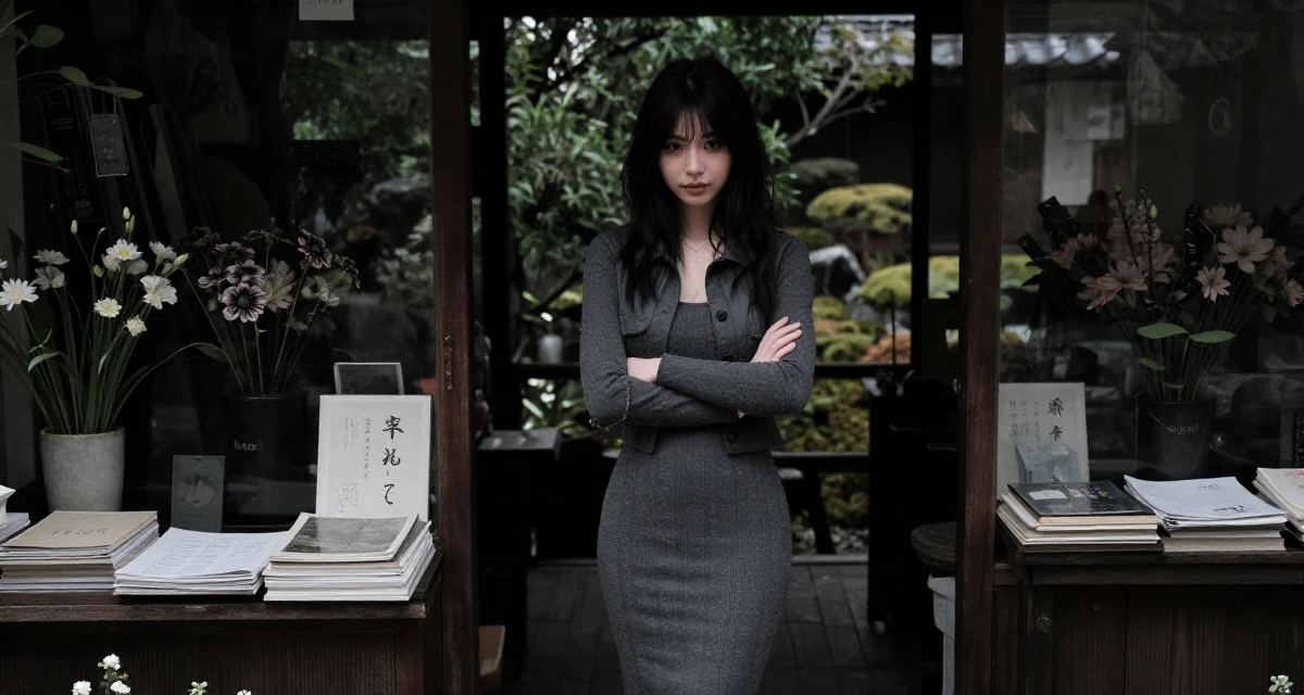 A soft Female Previously a travel-blog student, now turning trips into premium creator content in their 22, becoming more aware of personal boundaries with fans, wearing a tight knit midi dress with long sleeves, buttoning a jacket in a flower shop entrance.