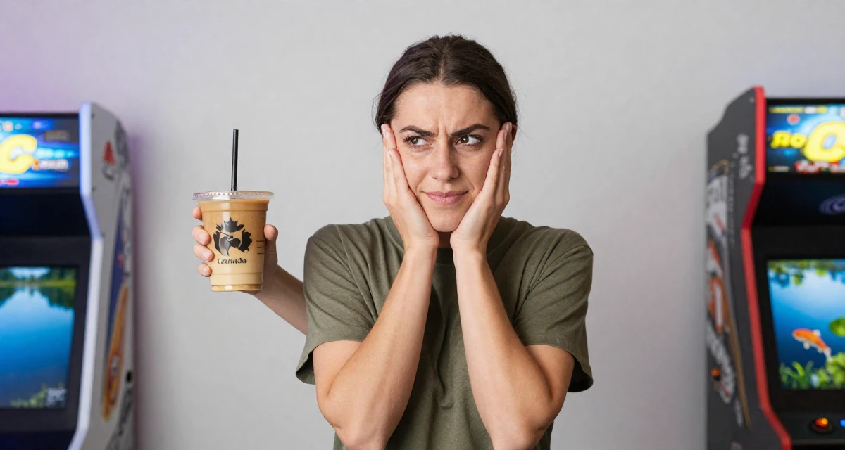 A stoic and strong Female From Canada, trained in advertising and branding in their 22, clutching an iced coffee as a survival tool, wearing a muted olive green tones, laughing softly in a arcade room with neon lights.