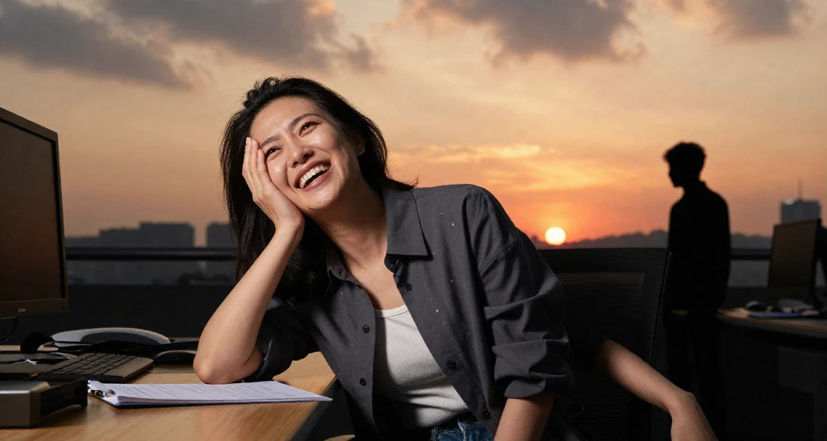 A intense and captivating Female From Hangzhou China, majored in visual arts in their 29, learning self-discipline the hard way, wearing a modern casual lifestyle wear, covering a laugh with one hand in a messy desk.