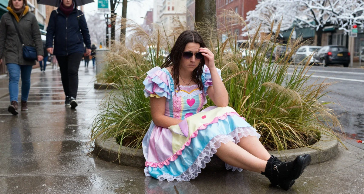 A melancholic Female Once a sewing hobbyist, now designing outfits for her shoots in their 20, looking for their tribe in a new city, wearing a candy-themed magical girl dress with pastel colors, putting on sunglasses in a rainy street corner.