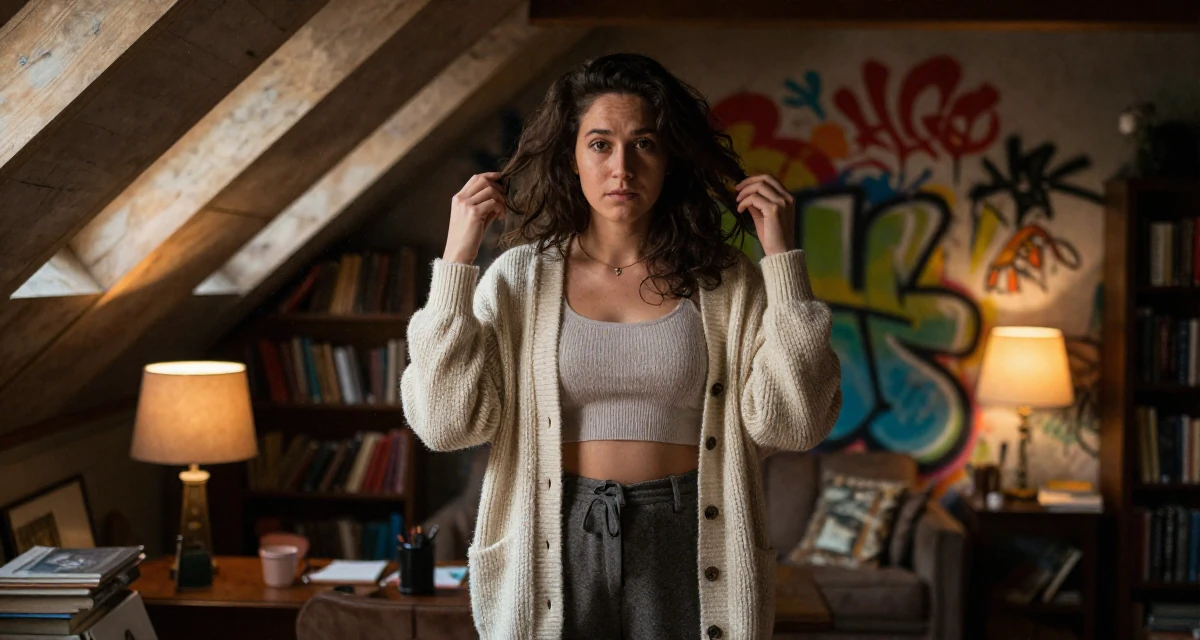 A vulnerable Female Once an art school dropout, now a self-taught creator with signature style in their 33, documenting a weight loss and health journey, wearing a cozy knit cardigan and slacks, fixing a loose strand of hair in a attic room.
