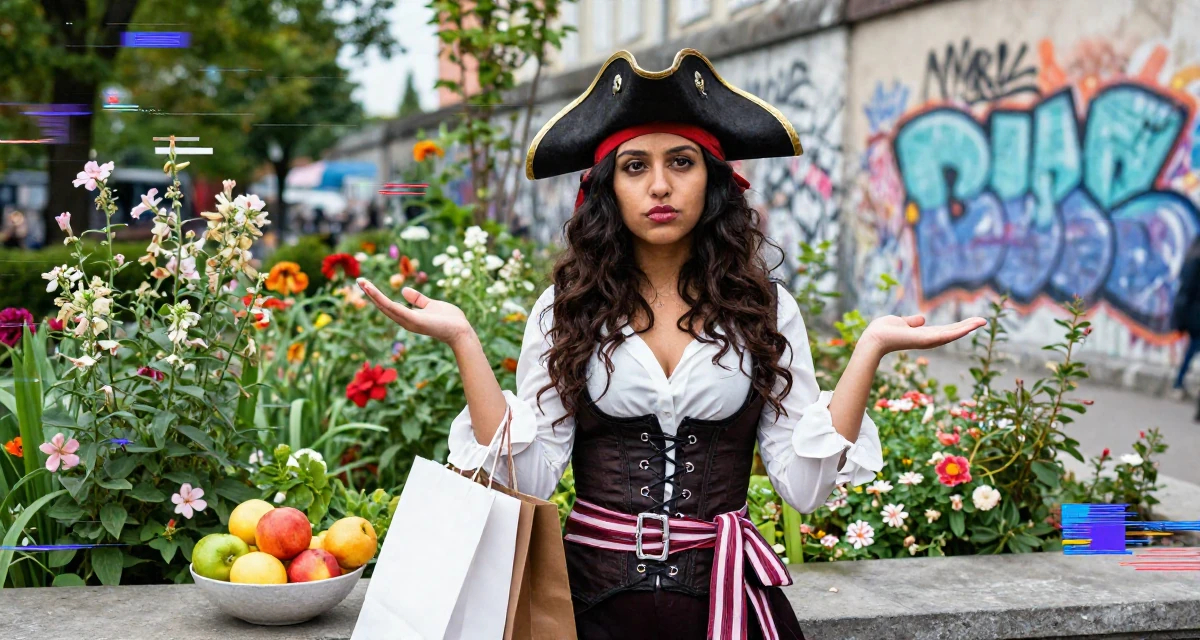 A zoned out Female Born in Nepal, studied urban planning in their 25, learning responsibility through small failures, wearing a pirate captain outfit with a corset and tricorn hat, holding a shopping bag in a blooming flower garden.