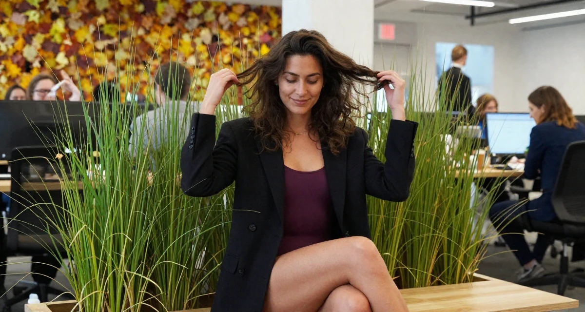 A smiling gently Female From Lyon France, studied fashion marketing in their 31, feeling the biological clock or societal pressure, wearing a bodysuit with a blazer and no pants (editorial look), twirling a lock of hair in a busy coworking space.