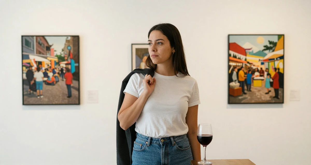 A disinterested Female From Mexico, majored in advertising and PR in their 25, pushing through rejection from collab requests, wearing a modern casual lifestyle wear, holding a jacket over a shoulder in a art gallery hall.