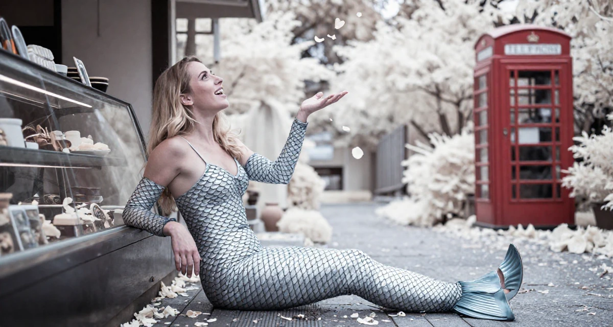 A spirited Female From Denmark, majored in furniture design in their 32, seeking intellectual challenges over busy work, wearing a mermaid scale texture bodysuit with fin details, catching a falling flower petal in a bakery counter.