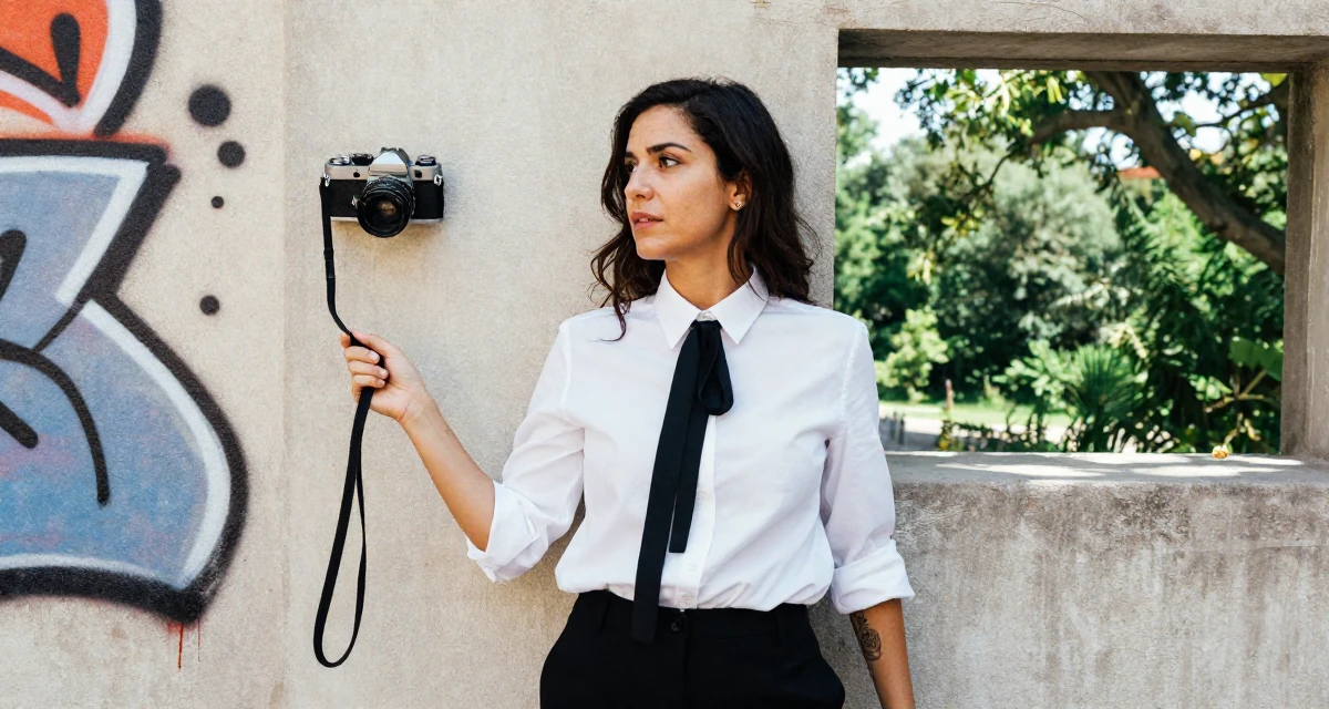 A fearless Female From Madrid Spain, studied sensual dance and camera presence in their 45, sharing wisdom on navigating office politics, wearing a white shirt with a black ribbon tie, holding a leash in a graffiti art wall.