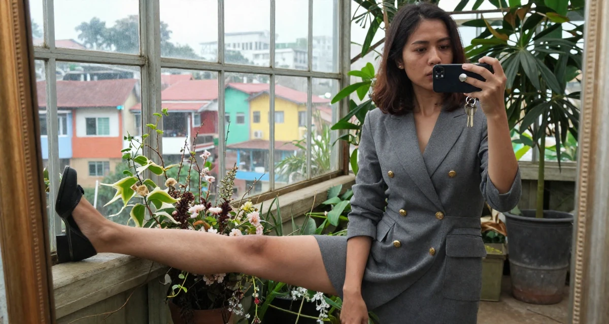 A introspective Female From Jakarta Indonesia, majored in fashion merchandising in their 37, rebuilding savings after unexpected expenses, wearing a double-breasted blazer dress with gold buttons, holding a set of keys in a botanical greenhouse.