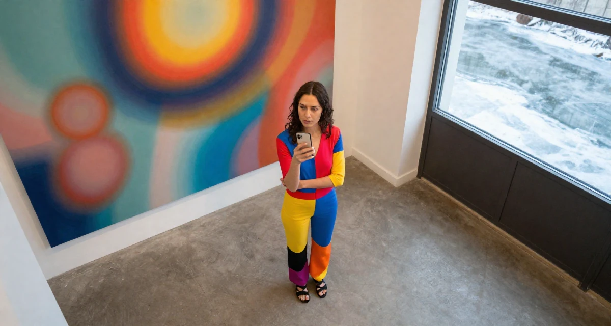 A thoughtful Female Once a swimwear shop clerk, now modeling her own collections in their 25, experimenting with outfit themes and props, wearing a bold color-block outfit, snapping a photo with a phone in a art gallery hall.