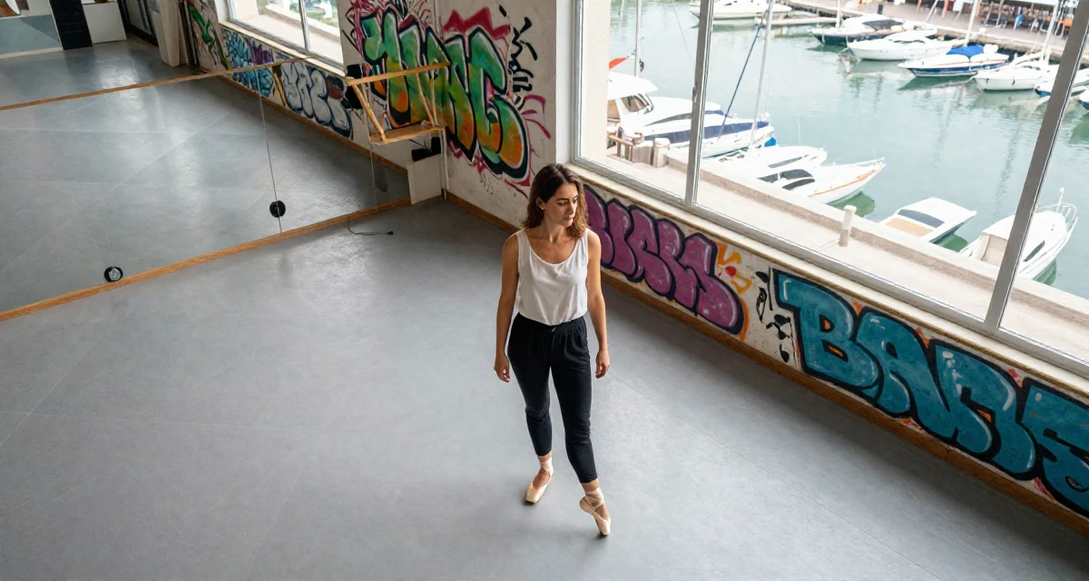 A calm Female From Milan Italy, studied fashion styling in their 44, handling high healthcare expenses, wearing a casual weekend brunch outfit, tapping a foot in a ballet studio.