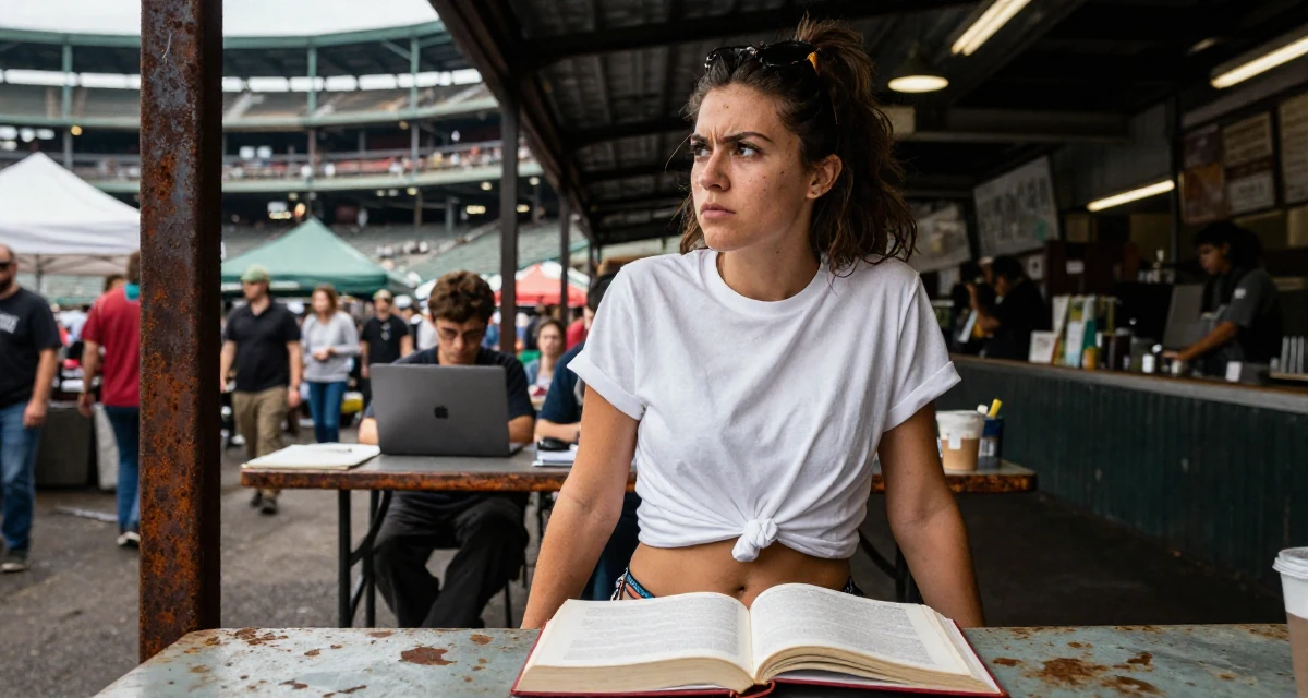 A intimidating Female From the United States, based in Seattle, graduated from a community college majoring in digital marketing in their 20, balancing part-time jobs with intense study schedules, wearing a classic white t-shirt knotted at the front and bikini bottoms, glancing sideways in a bustling market.