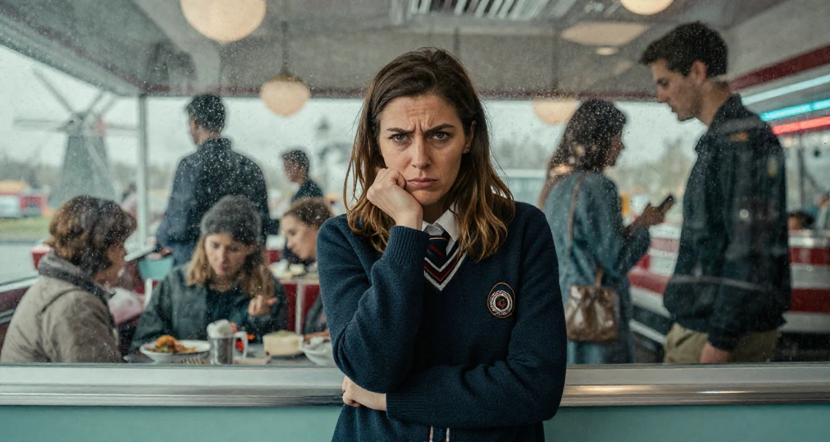 A impatient Female From the Netherlands, studied user experience design in their 40, focusing on legacy and long-term wealth, wearing a classic collegiate style, leaning head on a hand in a retro 50s diner.