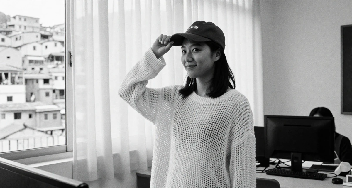 A smirking Female From Shenzhen China, graduated in computer science in their 32, exploring sustainable fashion and ethical living, wearing a loose open-knit sweater showing skin underneath, adjusting a hat in a classroom setting.