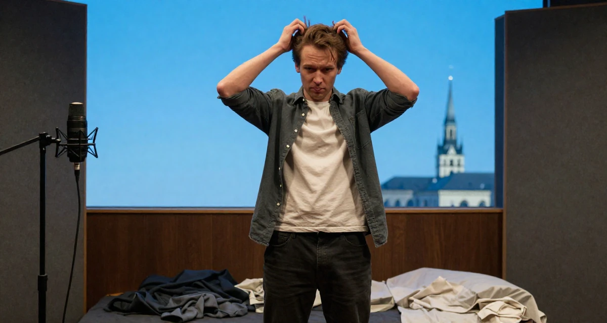 A intimidating male From Moscow Russia, majored in linguistics in their 23, discovering how subtle teasing builds real engagement, wearing a comfortable urban casual outfit, messing up hair playfully in a recording booth.