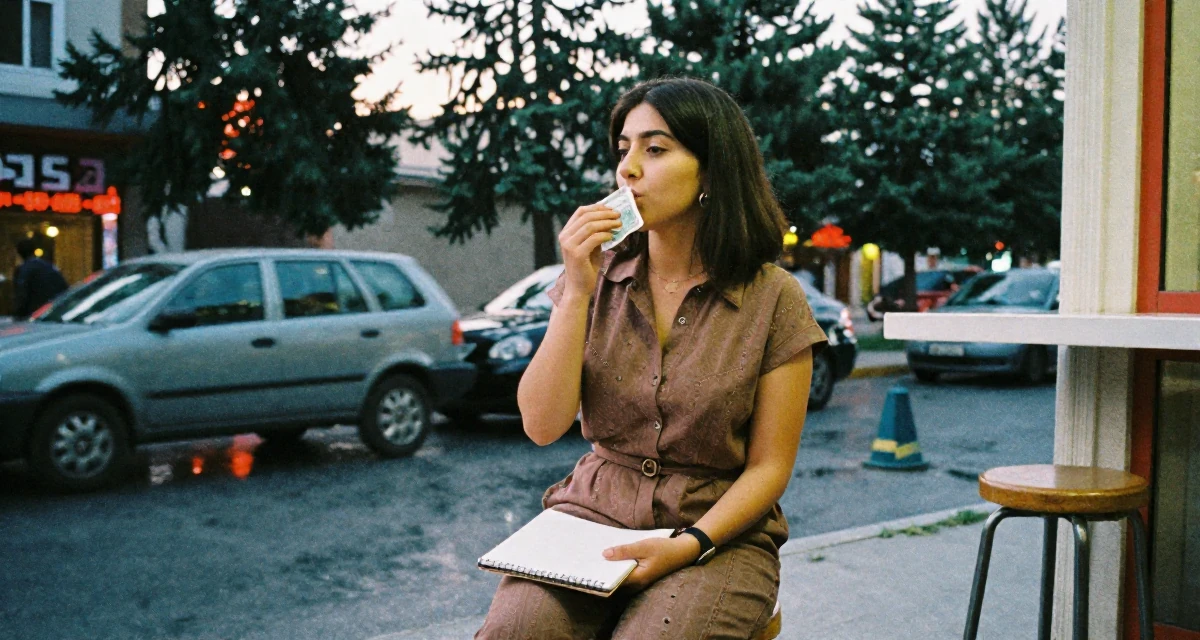 A humble Female Born in Iran, majored in multimedia communication in their 23, enjoying the first taste of disposable income, wearing a chic jumpsuit styling, holding a notebook in a neon-lit street.