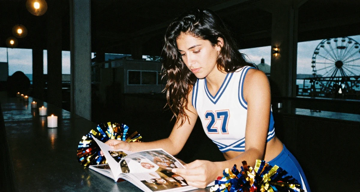 A contemplative Female Former swim instructor, now producing sun-soaked lifestyle content in their 27, learning that passion doesn’t protect you from stress, wearing a cheerleader uniform with a cropped top and pom-poms, flipping through a magazine in a industrial warehouse.