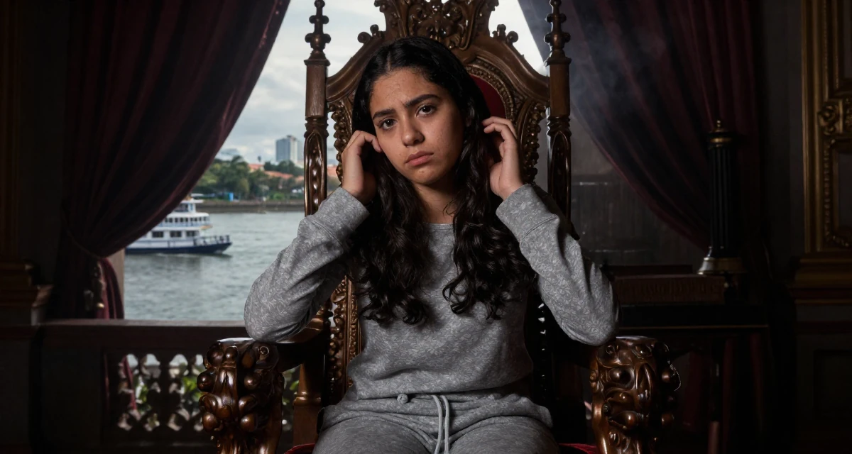A disinterested Female From Honduras, majored in creative writing in their 22, missing the freedom of student days, wearing a comfortable lounge wear set, tucking hair behind an ear in a royal palace throne room.