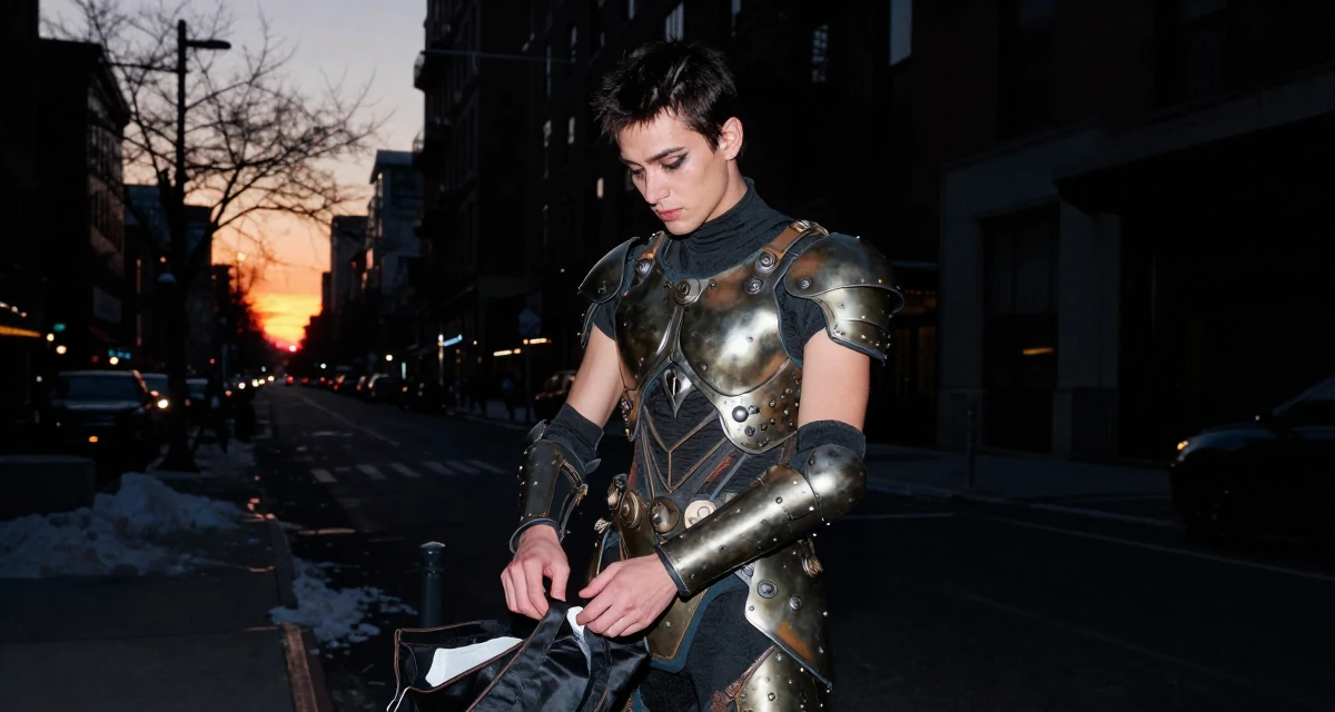A dignified male From New York USA, learned editorial posing through fashion internships in their 21, wearing a party dress with smudged eyeliner, wearing a biopunk organic armor suit, reaching into a bag in a urban street.