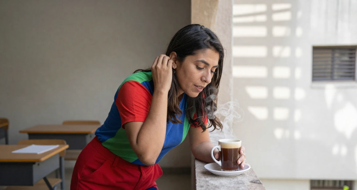 A enthusiastic Female From Mexico City Mexico, studied graphic communication in their 45, exploring hobbies neglected during younger years, wearing a bold color-block outfit, tucking hair behind an ear in a classroom setting.