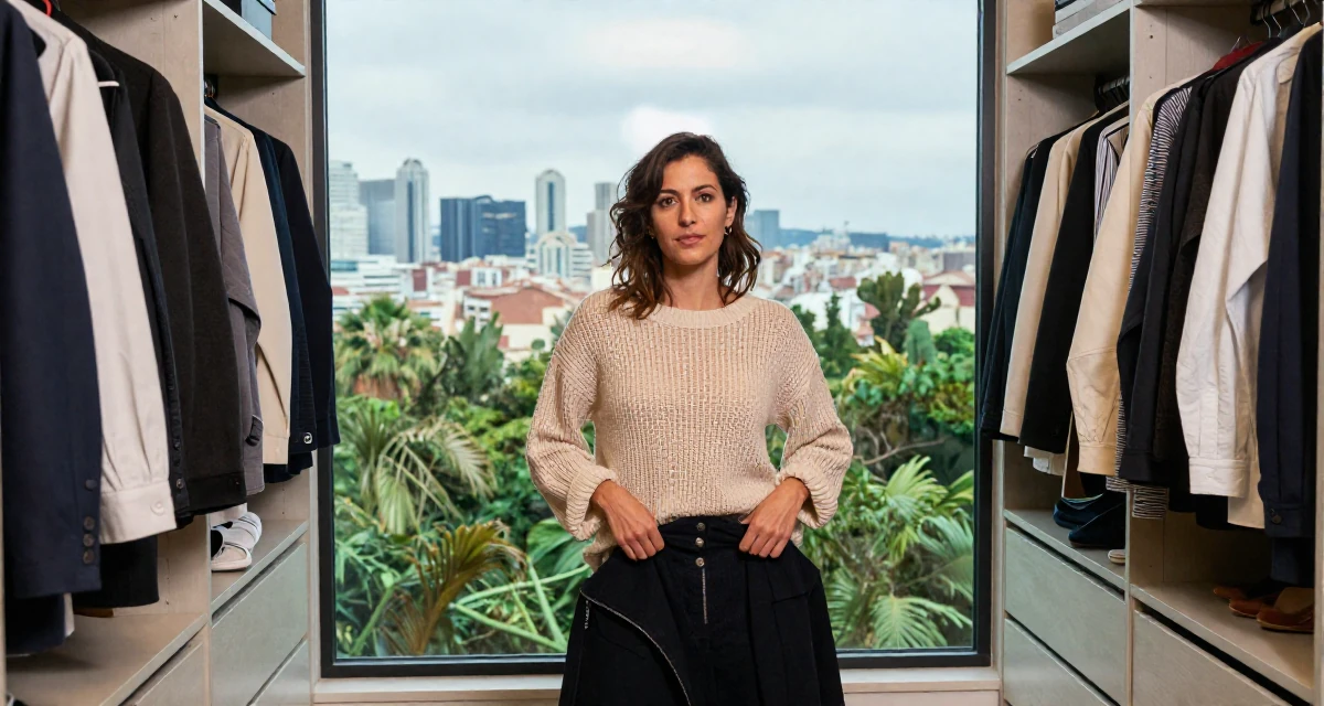 A self-assured Female From Barcelona Spain, trained in creative directing for personal content in their 40, turning a lifelong hobby into a profession, wearing a loose open-knit sweater showing skin underneath, putting on a jacket in a walk-in wardrobe.