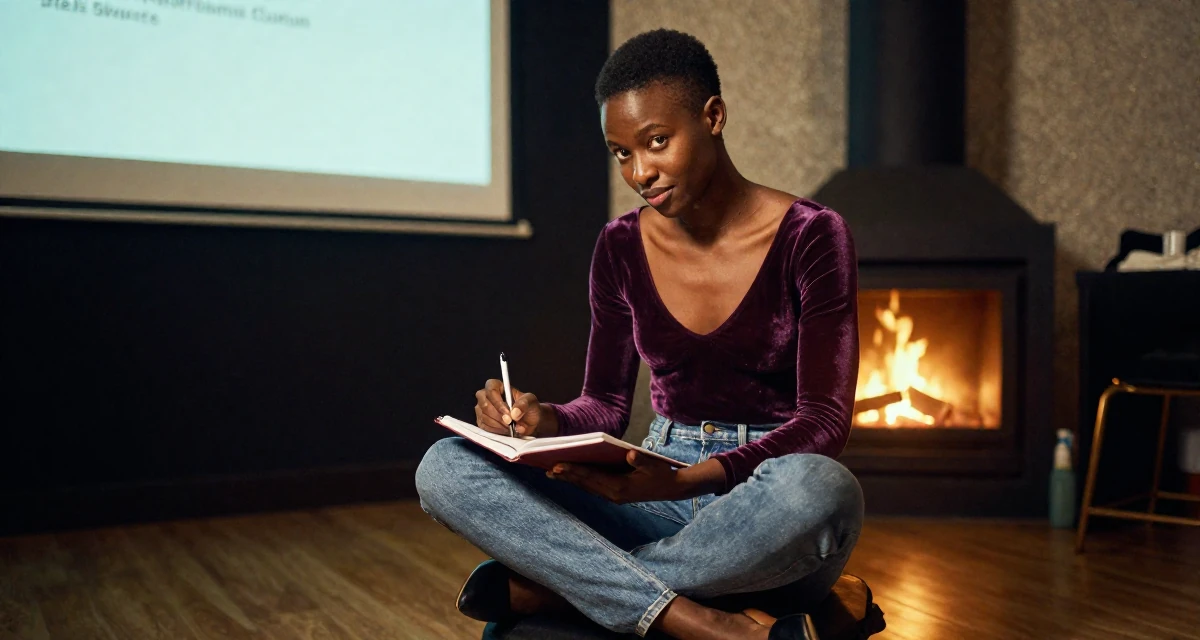 A coy male From Mali, majored in agricultural management in their 23, elevating content toward more polished sensual visuals, wearing a velvet bodysuit and high-waisted mom jeans, writing in a journal in a backstage dressing room.