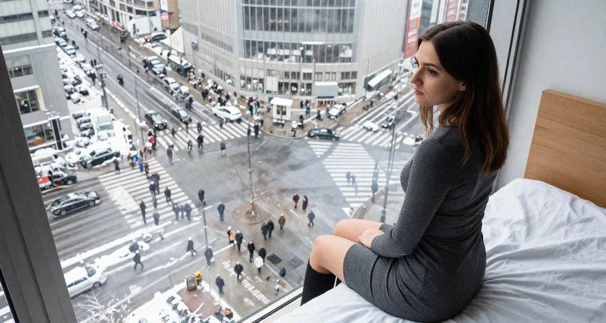 A solemn but kind Female From Munich Germany, studied mechanical engineering in their 25, starting college life away from home, wearing a sheath dress in charcoal grey that hugs the curves, glancing over the shoulder in a city sidewalk.