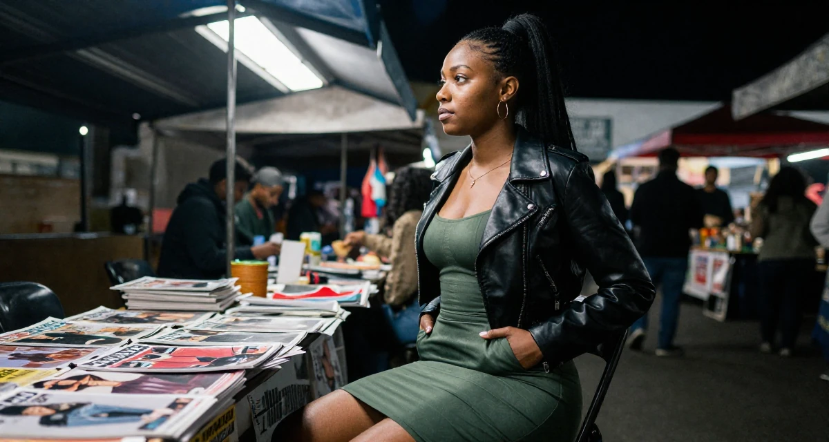 A reflective Female From Johannesburg South Africa, majored in sport management in their 22, learning workplace expectations and boundaries, wearing a cropped leather jacket and a bodycon dress, putting hands in pockets in a night market stall.