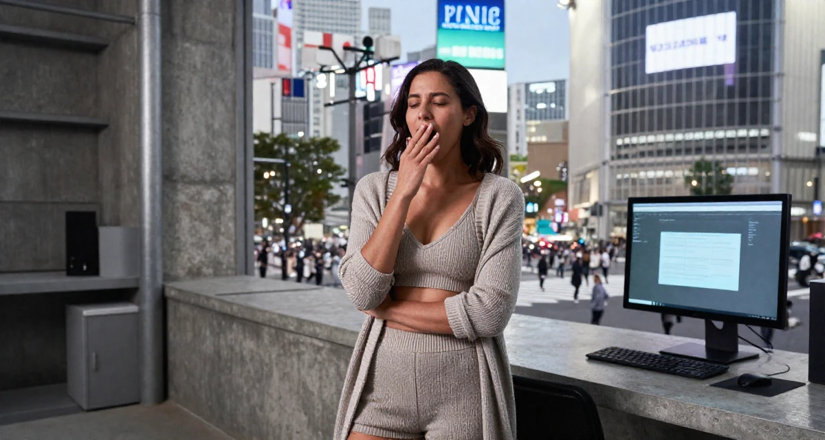 A happy Female From United States, majored in development economics in their 38, handling long working hours with discipline, wearing a knitted bralette and a matching cardigan with shorts, yawning discreetly in a desert landscape.