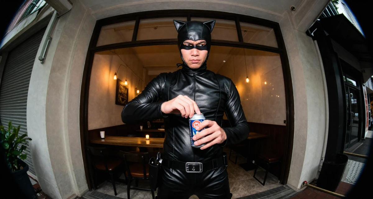 A disinterested male From Singapore, based in Jurong, graduated from a polytechnic majoring in aesthetic marketing in their 31, teaching photography and editing skills, wearing a tight leather cat burglar suit with a utility belt, opening a soda can in a coffee shop corner.