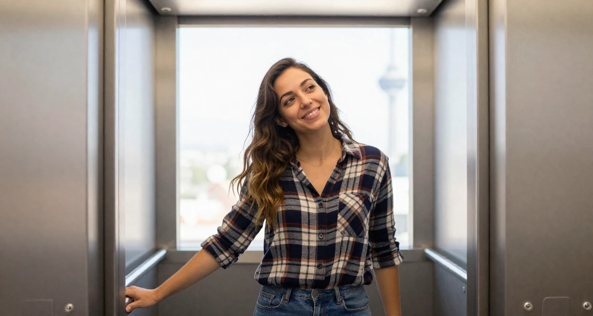 A joyful Female From Thessaloniki Greece, practiced warm-tone aesthetic storytelling in their 32, newly married and adjusting to shared finances, wearing a casual plaid button-down, pausing mid-step in a corporate elevator.