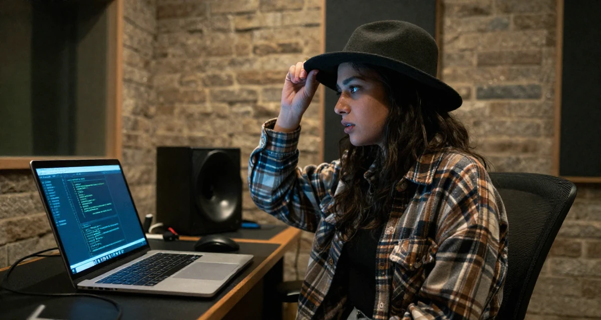 A fascinated Female From Qatar, majored in media production and editing in their 25, optimizing scenes for mood, not explicitness, wearing a cozy oversized flannel, adjusting a hat in a recording booth.