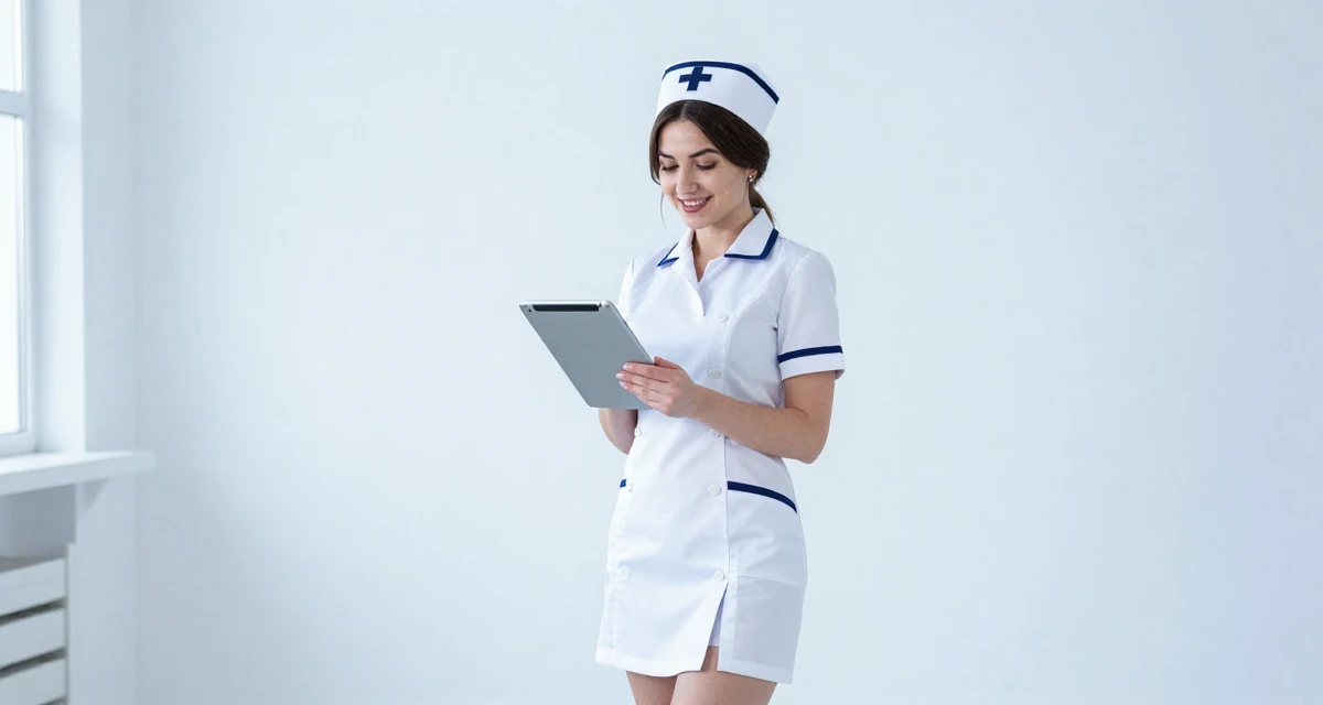 A radiant Female From Ukraine, based in Odessa, graduated from a design academy majoring in aesthetic content creation in their 25, treating sensual content as art, not pressure, wearing a nurse cosplay uniform with a stylized cap, holding a tablet device in a modern apartment.