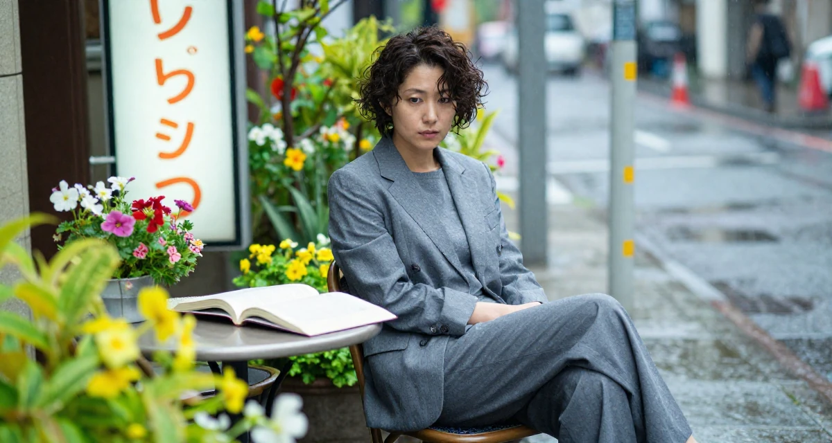 A serious Female From Japan, studied English literature in their 32, seeking intellectual challenges over busy work, wearing a relaxed fit suit separate, pausing mid-step in a rainy street corner.