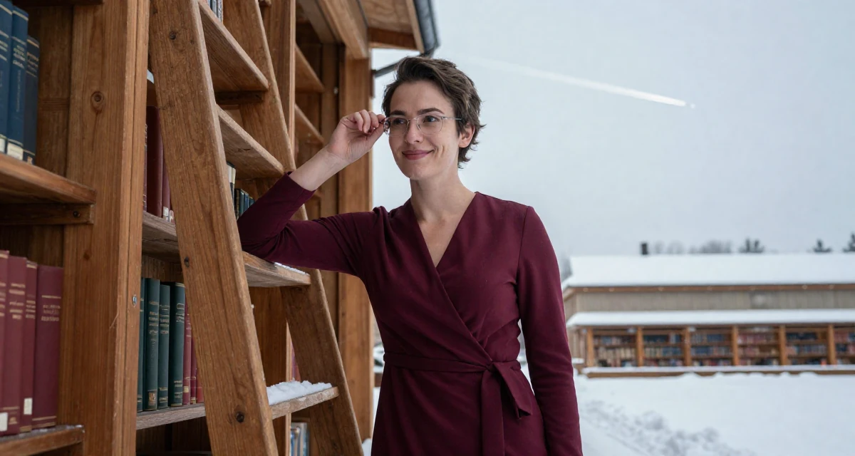 A smiling gently male Previous dental assistant, now exploring body-empowerment narratives in their 23, learning how to say “no” to requests outside comfort, wearing a elegant wrap dress in deep burgundy, pushing glasses up the nose in a old library with wooden ladders.