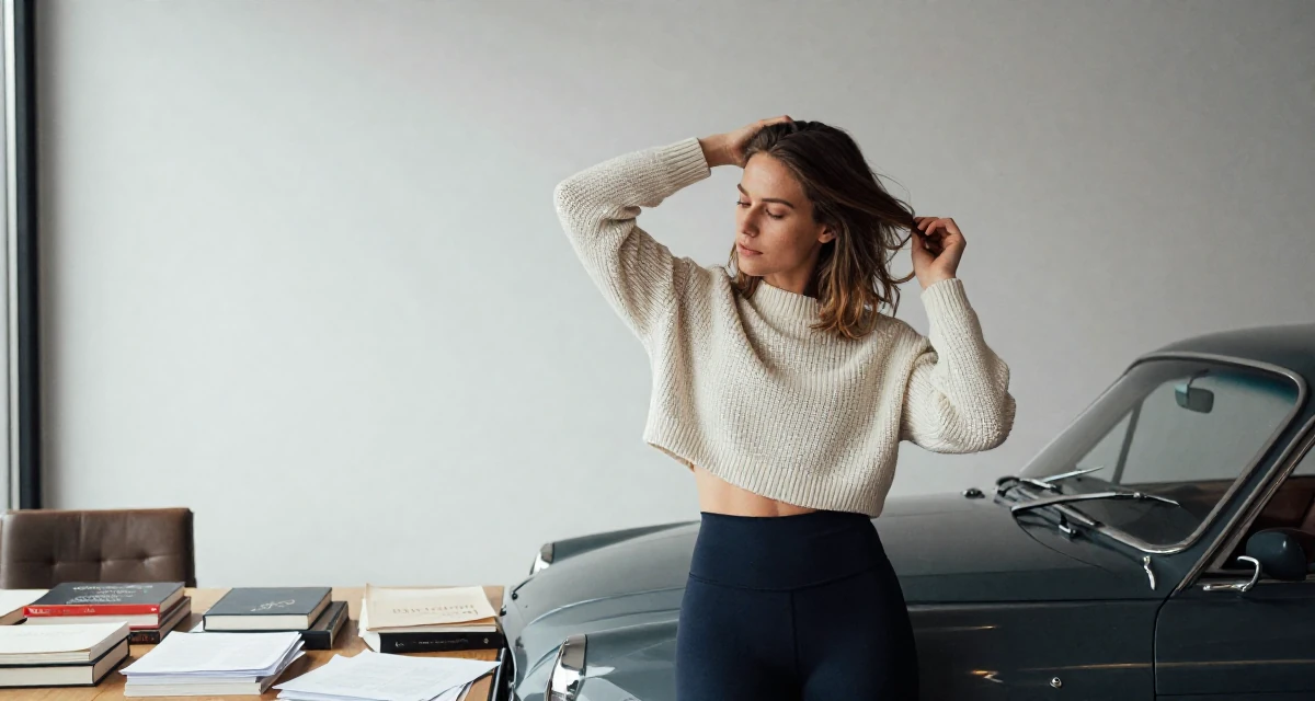 A exhausted Female From Norway, studied user experience design in their 33, exploring luxury travel and fine living, wearing a cropped knitted sweater and form-fitting yoga pants, fixing a loose strand of hair in a hotel lobby.