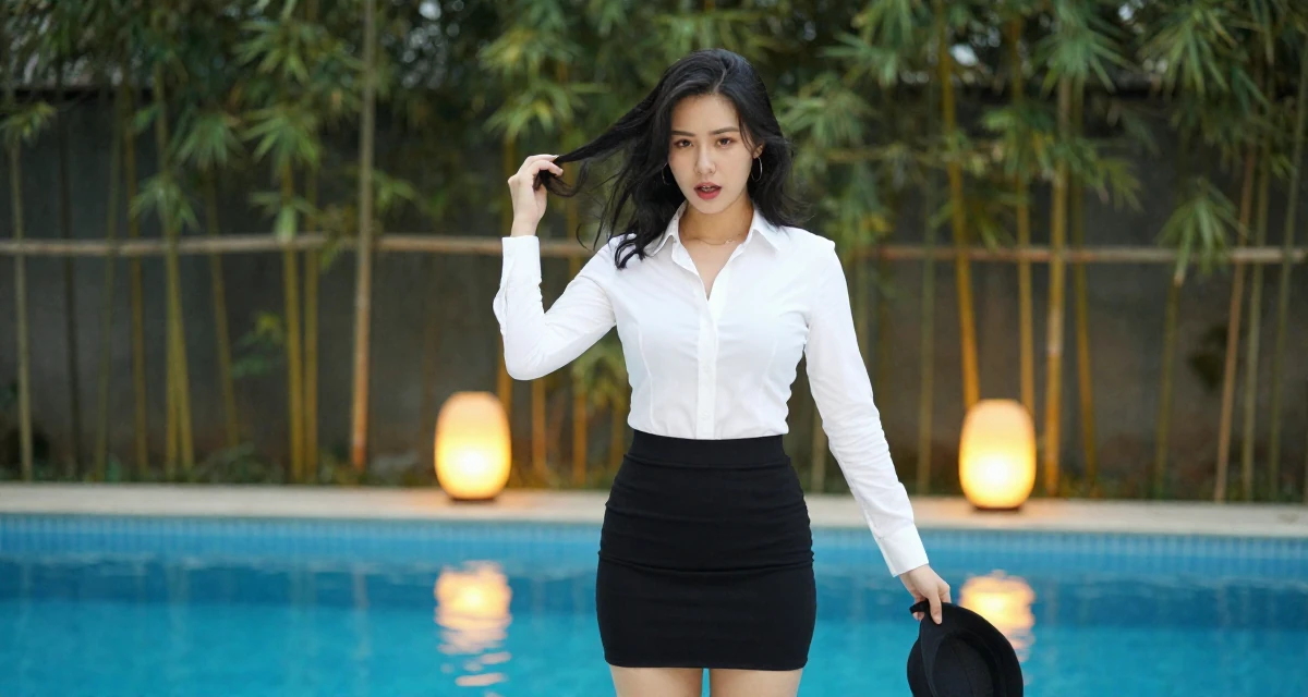 A magnetic Female From Chinese-speaking regions, studied mechanical design in their 21, focused intensely on fitness and glow-up culture, wearing a fitted white button-down shirt and a black pencil skirt, holding a hat in a swimming pool.