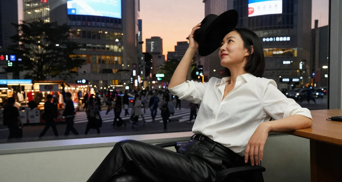 A relaxed and observant Female From China, holds a degree in human resource management in their 31, finding joy in small daily rituals, wearing a black leather trousers and a crisp white blouse, holding a hat in a conference room.