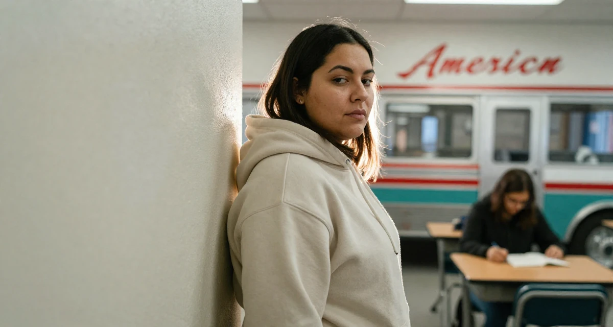 A inspired Female Once a logistics coordinator, now creating body-positivity material in their 20, wearing a hoodie and looking sleep-deprived, wearing a minimalist everyday clothing, glancing over the shoulder in a classroom setting.