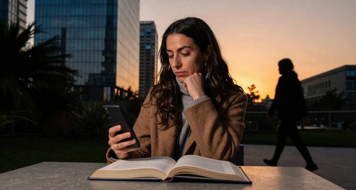 A reflective Female From Portugal, based in Porto, graduated from a polytechnic majoring in visual media in their 41, sharing tips for staying relevant in tech, wearing a warm winter layered look, scrolling casually in a botanical garden.