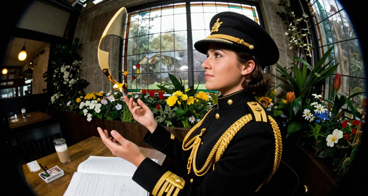 A sophisticated Female From Wellington New Zealand, studied creative writing and visual narrative in their 25, juggling part-time jobs with studies, wearing a military general uniform with gold braiding and a hat, glancing over the shoulder in a blooming flower garden.