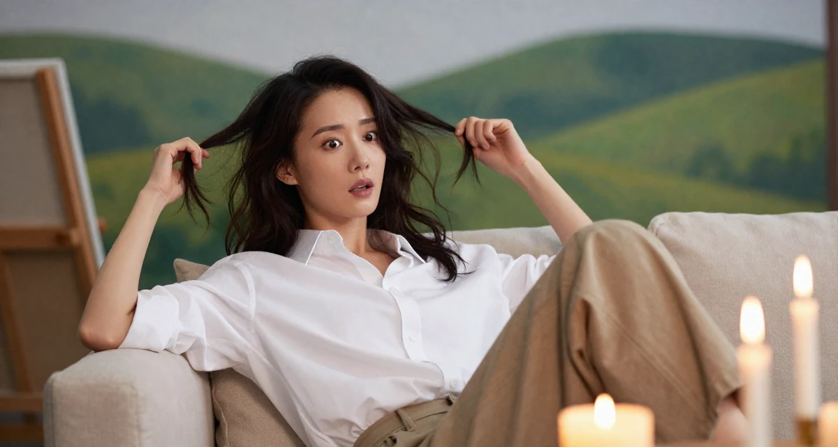 A surprised Female From ChangSha China, holds a degree in human resource management in their 32, seeking intellectual challenges over busy work, wearing a crisp white shirt and chinos, fixing a loose strand of hair in a artist workshop.