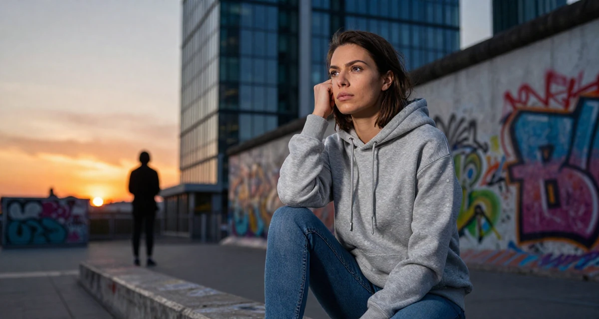A focused Female From France, has a background in luxury brand management in their 25, developing discipline through daily habits, wearing a classic grey hoodie and jeans, shivering slightly in a modern skyscraper lobby.