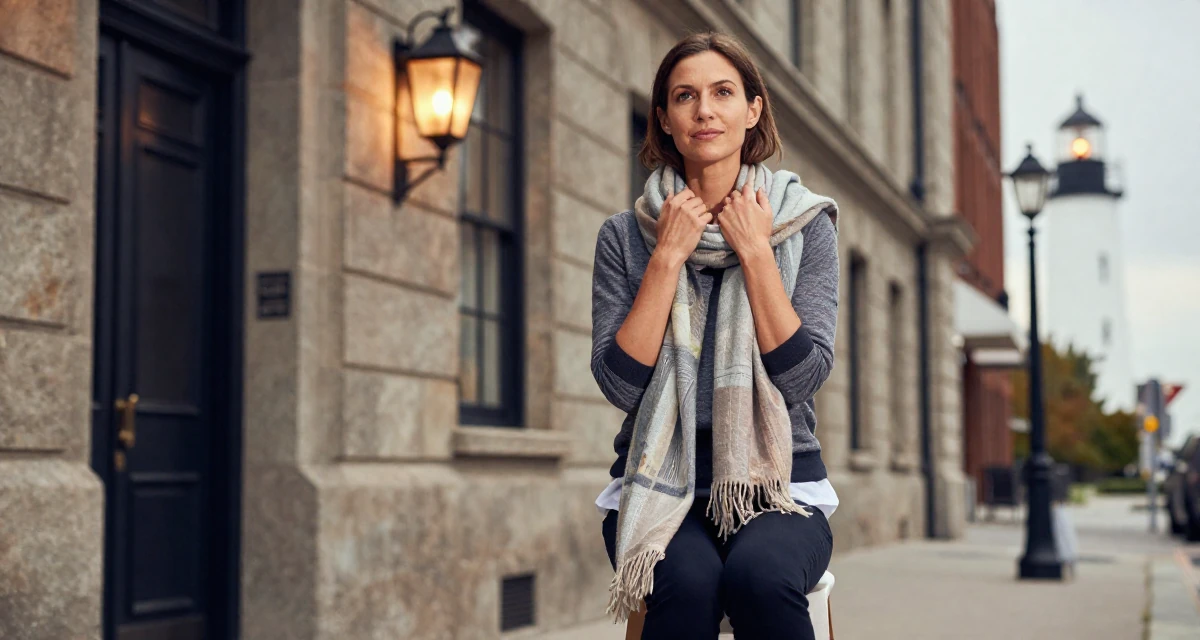 A steady Female Once a geography teacher, now producing warm travel-inspired content in their 43, balancing a demanding career with self-care, wearing a artistic layered clothing, wrapping a scarf around the neck in a historic downtown.