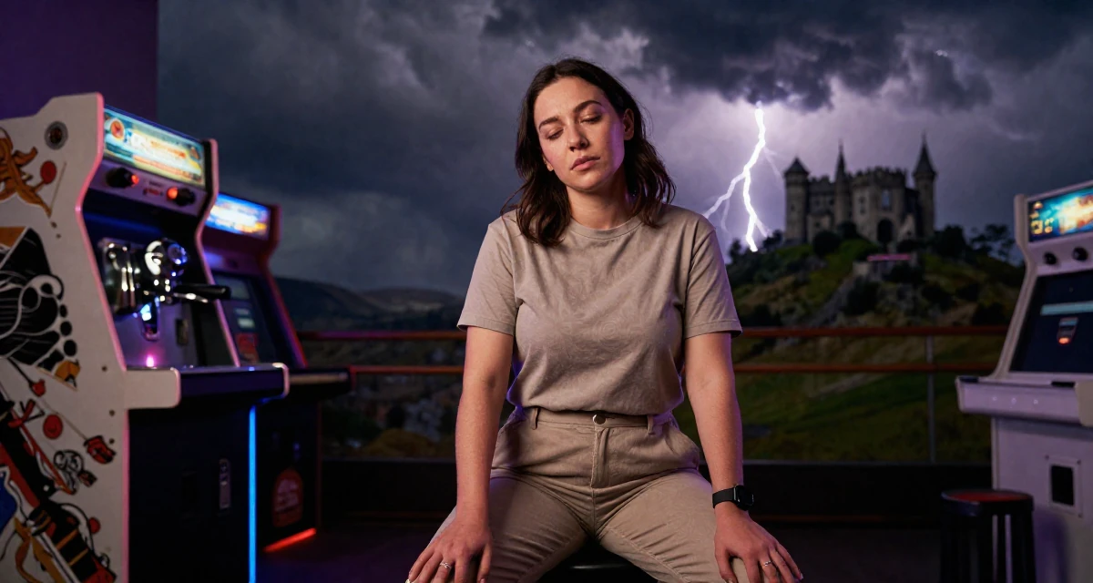 A tired Female From Australia, trained in photography and visual arts in their 25, preparing for larger adult responsibilities, wearing a muted earth-tone clothing set, pausing mid-step in a arcade room with neon lights.