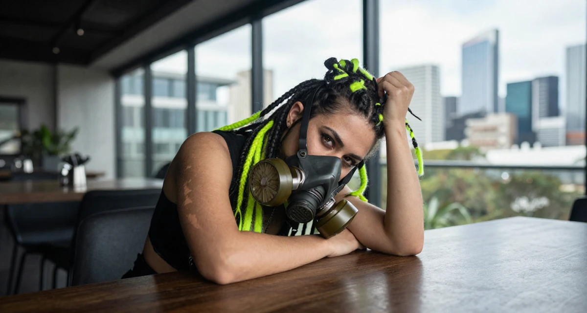 A reserved Female From Brisbane Australia, majored in physiotherapy in their 21, seeking internships and professional validation, wearing a cyber-goth outfit with gas mask and neon dreads, pushing hair from face in a high-end restaurant.