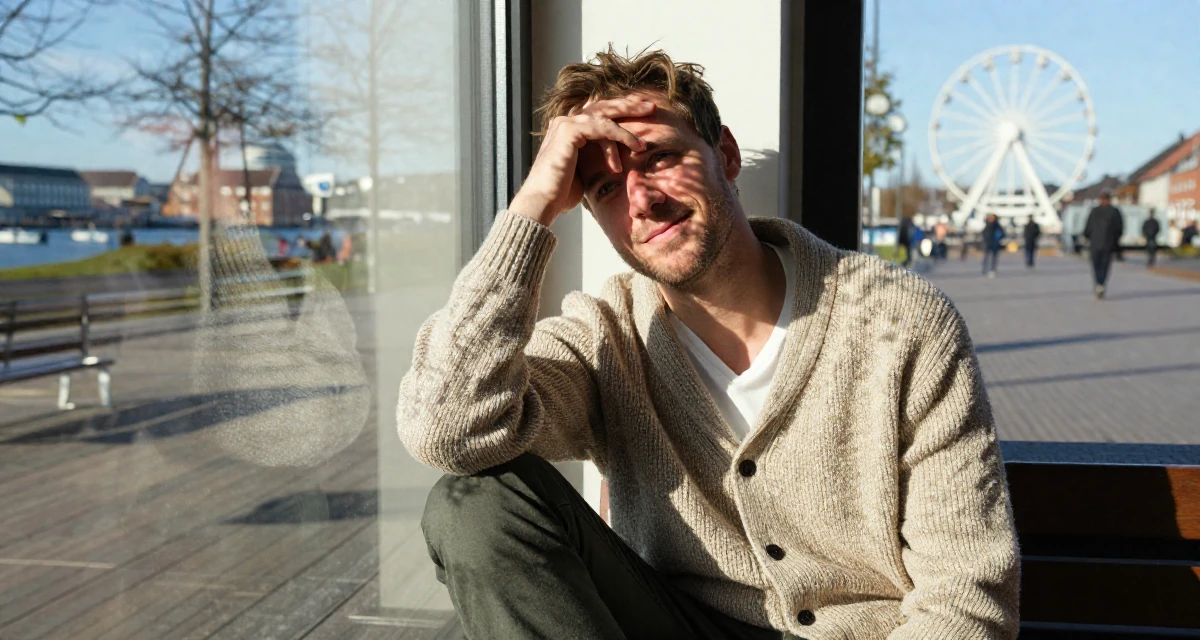 A charming male From Aarhus Denmark, studied digital concept development in their 48, finding purpose beyond motherhood, wearing a cozy knit cardigan and slacks, resting a hand on the forehead in a pedestrian plaza.